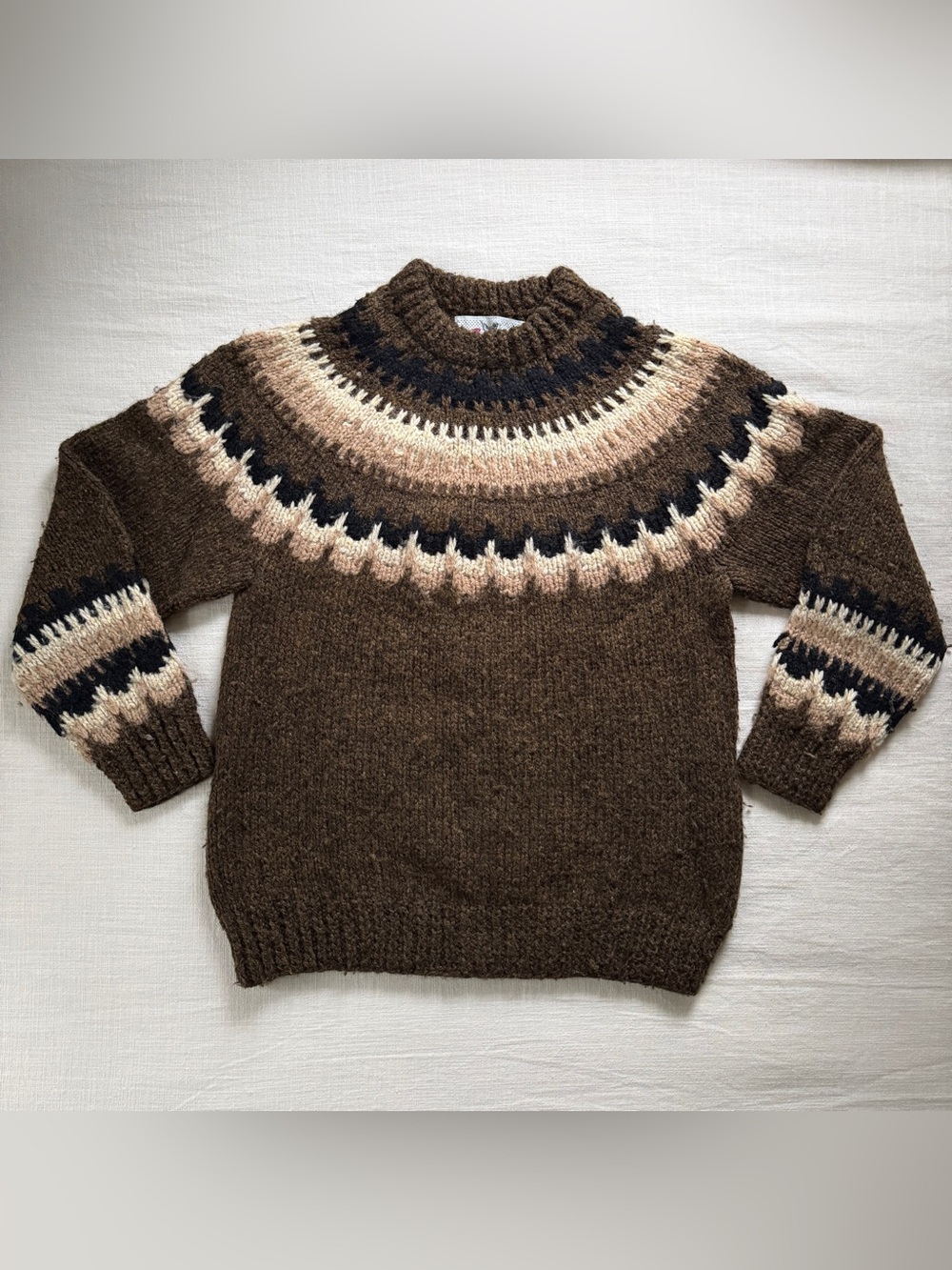 Vintage Danspun Danish Handknit 100% Wool Nordic Sweater Fair Isle Brown M/L